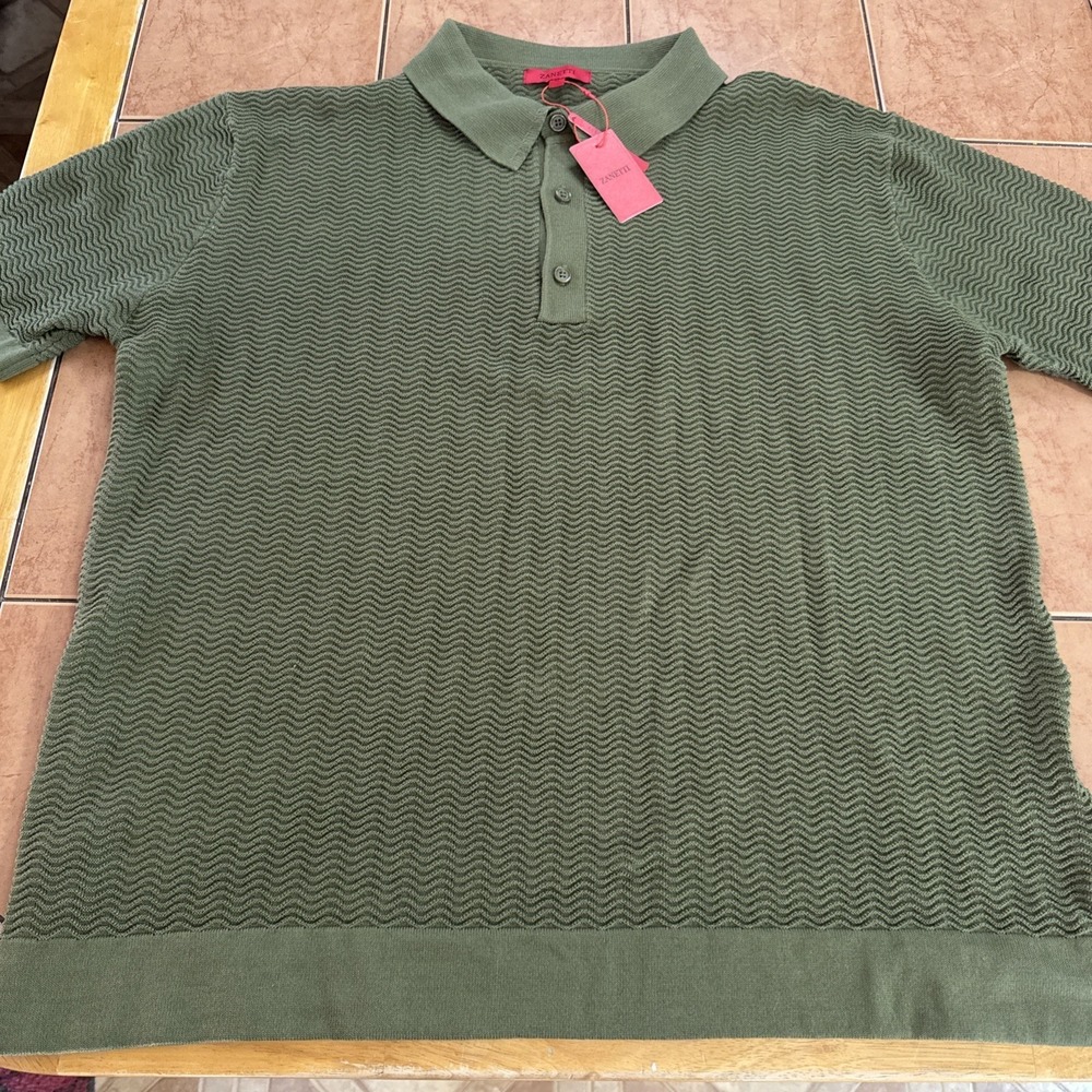 New Zanetti Polo Sweater Sz XL Mens Green Ribbed Short Sleeve NWT Shirt Thick